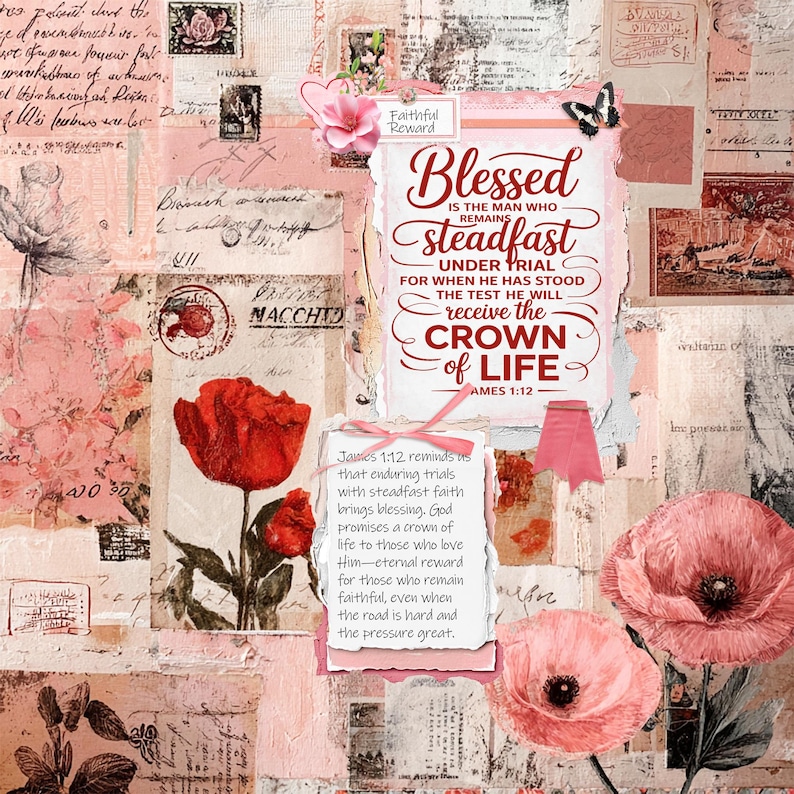 Poppy Collage Papers | Mixed Media Backgrounds | Vintage Junk Journal Printables | Bible Journaling & Scrapbook Ephemera Kit Red and pink image 3