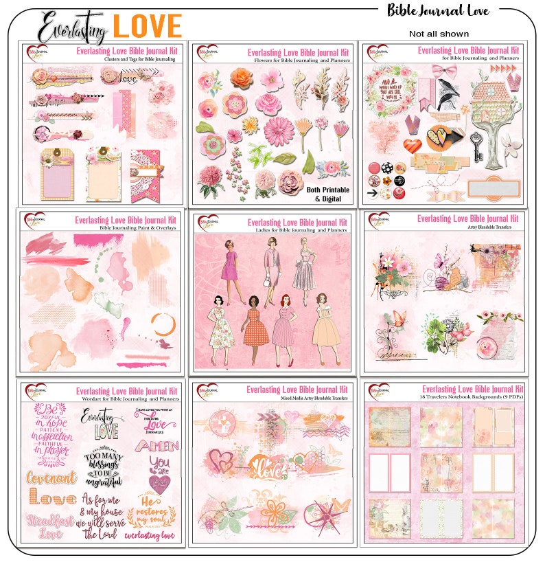 Everlasting Love Bible Journaling Kit Vintage Ladies, Mixed Media, Paint, Clusters, Travelers Notebook, Bible Verses in Pink Orange Peach image 1