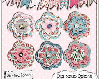 Vintage Rose Embellishments /Stacked Fabric Flowers and Bunting Digital Scrapbook Embellishments, Instant Download