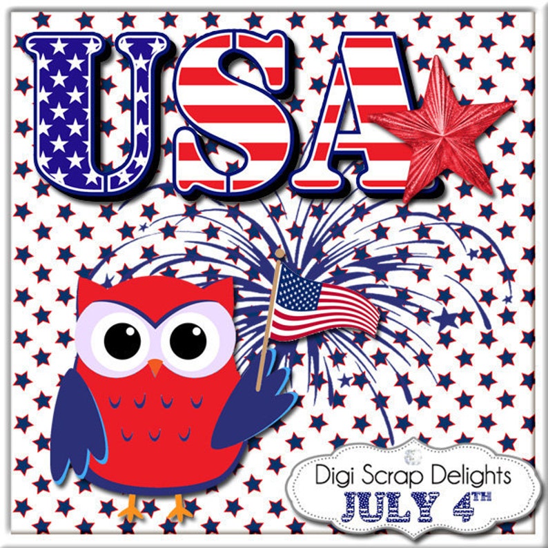 July 4 Clip Art Digital Scrapbook Kit in Red, White & Blue Owls, America, Flag, Patriotic, 4th of July, BBQ, Sparklers, Instant Download image 3