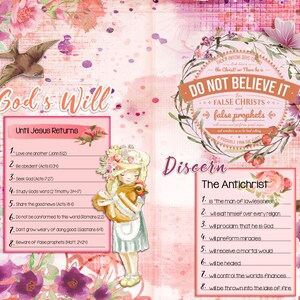 May include: A pink and white illustrated page with the title "God's Will" and a list of instructions titled "Until Jesus Returns". The page also includes the title "Discern The Antichrist" and a list of characteristics of the Antichrist.