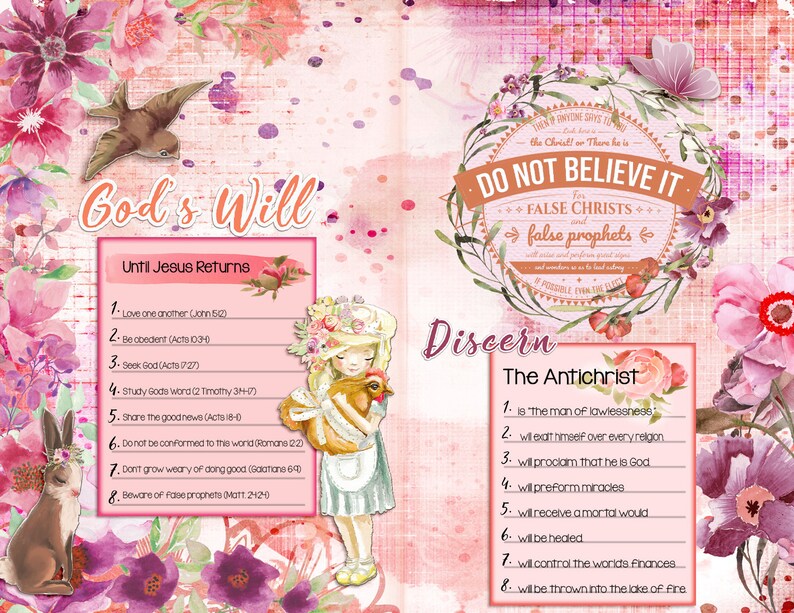 May include: A pink and white illustrated page with the title "God's Will" and a list of instructions titled "Until Jesus Returns". The page also includes the title "Discern The Antichrist" and a list of characteristics of the Antichrist.