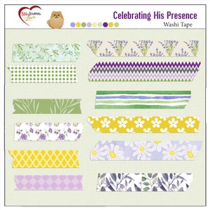 K&ouml;nnte beinhalten: Ein Set mit 10 dekorativen Washi-B&auml;ndern mit verschiedenen floralen, geometrischen und Blattmotiven in Gr&uuml;n-, Lila-, Gelb- und Wei&szlig;t&ouml;nen. Die B&auml;nder sind mit "Celebrating His Presence" und "Washi Tape" beschriftet.