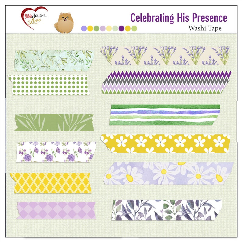 K&ouml;nnte beinhalten: Ein Set mit 10 dekorativen Washi-B&auml;ndern mit verschiedenen floralen, geometrischen und Blattmotiven in Gr&uuml;n-, Lila-, Gelb- und Wei&szlig;t&ouml;nen. Die B&auml;nder sind mit "Celebrating His Presence" und "Washi Tape" beschriftet.