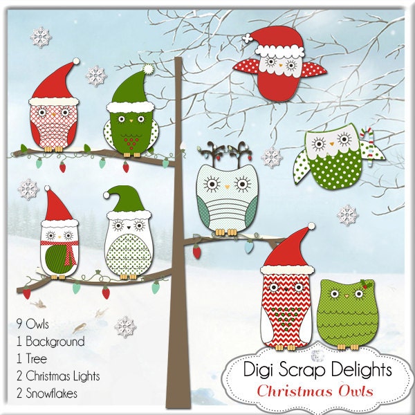 Christmas Clip Art Owls,  Red, Green, Tree, Snow, Cards,  Digital Scrapbooking, Chevron, Polka Dots, Snow Teacher