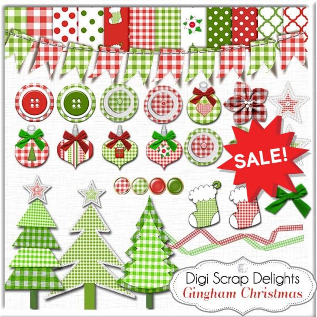 Christmas Clip Art Gingham Red Green Trees Ornaments - Etsy