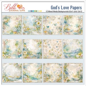 May include: Twelve digital papers featuring a variety of mixed media backgrounds with a watercolor and grunge aesthetic. The papers feature a light blue, yellow, and green color scheme with a floral and heart design. The papers are titled "God's Love Papers" and are 8.5x11 and 12x12 inches.