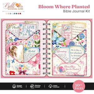 May include: A Bible journal kit titled "Bloom Where Planted." The open journal features floral designs, butterflies, and pockets with inspirational quotes. The colour palette includes pink, blue, and white. The kit includes printable PDF and PNG files.