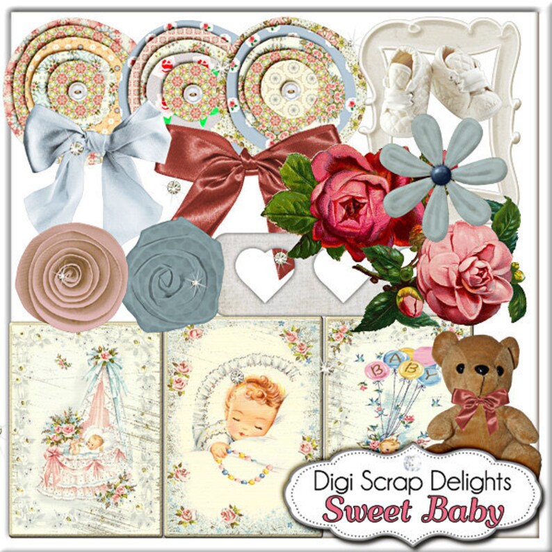 Vintage Baby Digital Scrapbook Kit: Pink and Blue Vintage Roses, Instant Download image 3