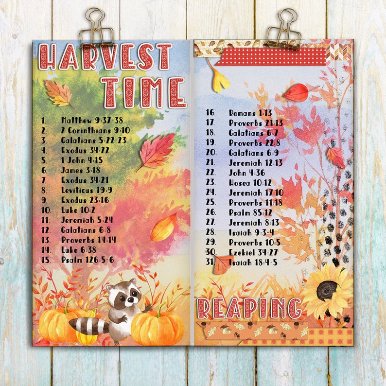 May include: A printable page with a watercolor background of fall leaves and sunflowers. The page is divided into two columns. The left column has the title "Harvest Time" and a list of Bible verses. The right column has the title "Reaping" and a list of Bible verses. The page is decorated with a raccoon and pumpkins.