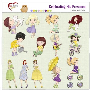 K&ouml;nnte beinhalten: Ein digitales Papierpaket mit Illustrationen von M&auml;dchen in verschiedenen Posen und Outfits. Die Illustrationen sind im Cartoon-Stil gehalten und zeigen leuchtende Farben wie Lila, Gr&uuml;n, Gelb und Pink. Das Papierpaket tr&auml;gt den Titel "Celebrating His Presence Ladies and Girls".