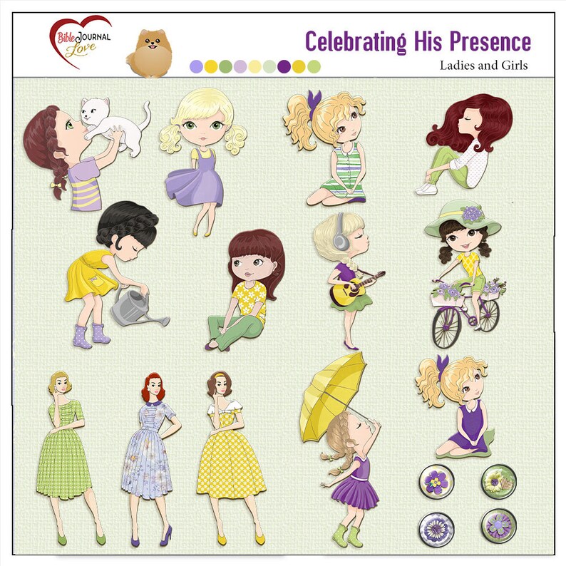 K&ouml;nnte beinhalten: Ein digitales Papierpaket mit Illustrationen von M&auml;dchen in verschiedenen Posen und Outfits. Die Illustrationen sind im Cartoon-Stil gehalten und zeigen leuchtende Farben wie Lila, Gr&uuml;n, Gelb und Pink. Das Papierpaket tr&auml;gt den Titel "Celebrating His Presence Ladies and Girls".