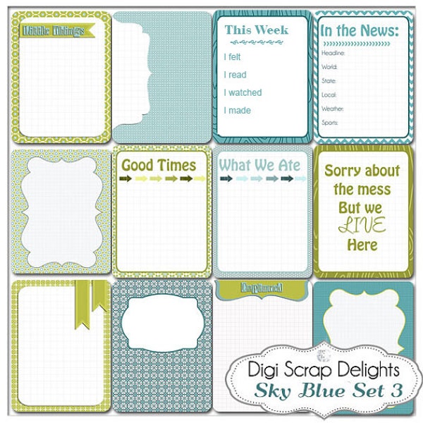 Sky Blue Set 3: 12 Journal Karten 3x4 Projekt Life Style Blau Grün Taschenkarten, druckbare digitale Scrapbooking, Sofortiger Download