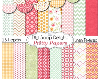 SALE 1.75 Pretty Papers Digital Scrapbooking Scrapbook Paper Linen Texture in Red, Orange, Pink, Green with Bunting, Instant Download