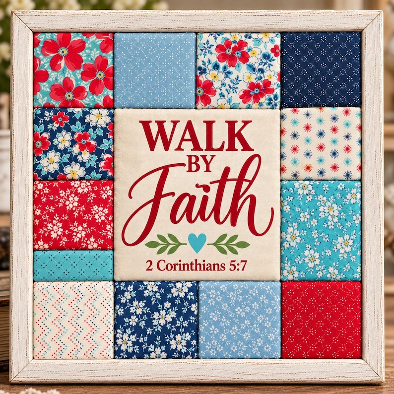 May include: A square wall art piece in a distressed white wooden frame featuring a central cream-colored fabric panel with the red text WALK BY FAITH and 2 Corinthians 5:7, surrounded by twelve colorful fabric squares with floral patterns.