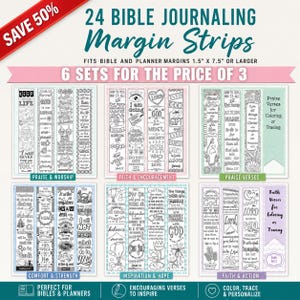 Peut inclure: Un ensemble de 24 bandes de marge pour journal biblique réparties en 6 jeux, mesurant chacune 3,8 cm sur 19,05 cm. Les bandes présentent des motifs au trait noir et blanc avec divers textes religieux, versets et illustrations à colorier.