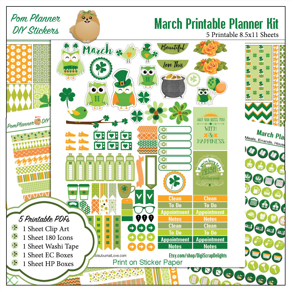 St Patrick's Day Planner Stickers: Owls, Shamrocks (5 PDF)