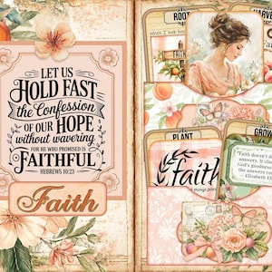 以下が含まれることがあります： ヴィンテージスタイルのスクラップブックページ。桃と花のテーマ。女性の肖像画と「Harvest」の文字が入ったカードを含むポケットがあります。メインテキストは「揺るぎない希望の告白をしっかりと保ちましょう」と書かれています。