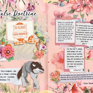 May include: A pink and white floral background with a wolf illustration and text about false doctrine and false prophets. The text includes Bible verses from 1 John 4:1, Matthew 7:15, Jude 1:4, and 2 Timothy 4:13. The text also includes the phrase "Test the Spirits" and "False Prophets".
