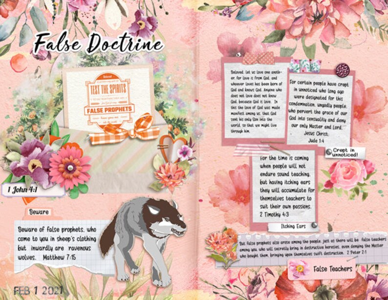 May include: A pink and white floral background with a wolf illustration and text about false doctrine and false prophets. The text includes Bible verses from 1 John 4:1, Matthew 7:15, Jude 1:4, and 2 Timothy 4:13. The text also includes the phrase "Test the Spirits" and "False Prophets".