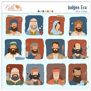 May include: A set of 12 illustrated portraits of biblical judges from the Judges Era. Each portrait is framed in a colorful border with a floral design. The title "Judges Era" is at the top of the image, with the subtitle "Bible Judges".