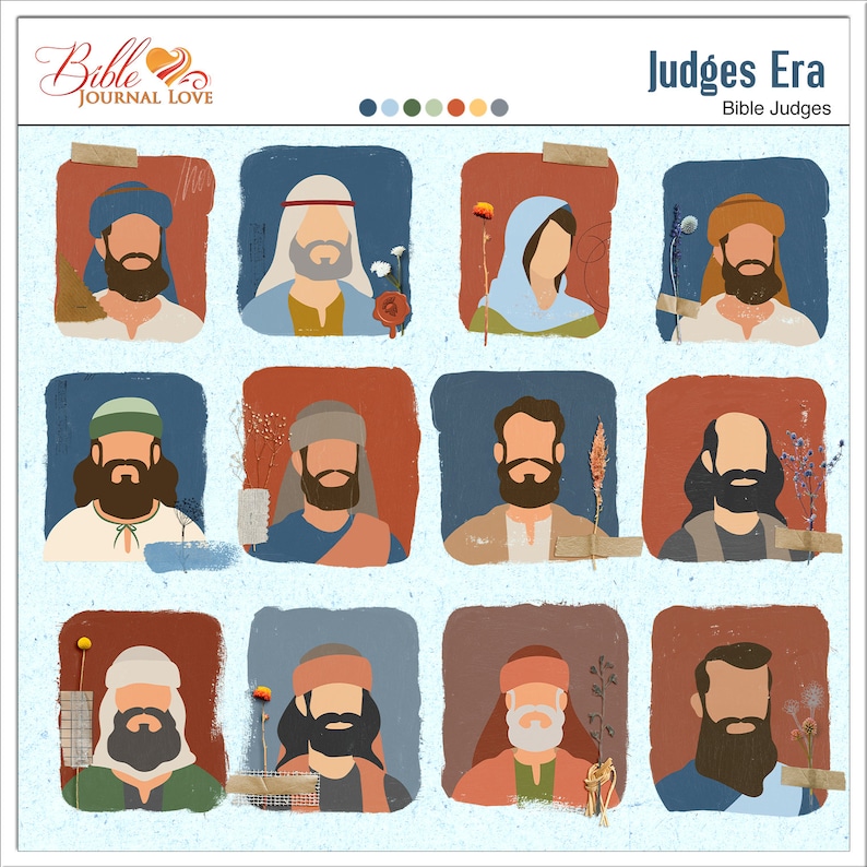 May include: A set of 12 illustrated portraits of biblical judges from the Judges Era. Each portrait is framed in a colorful border with a floral design. The title "Judges Era" is at the top of the image, with the subtitle "Bible Judges".