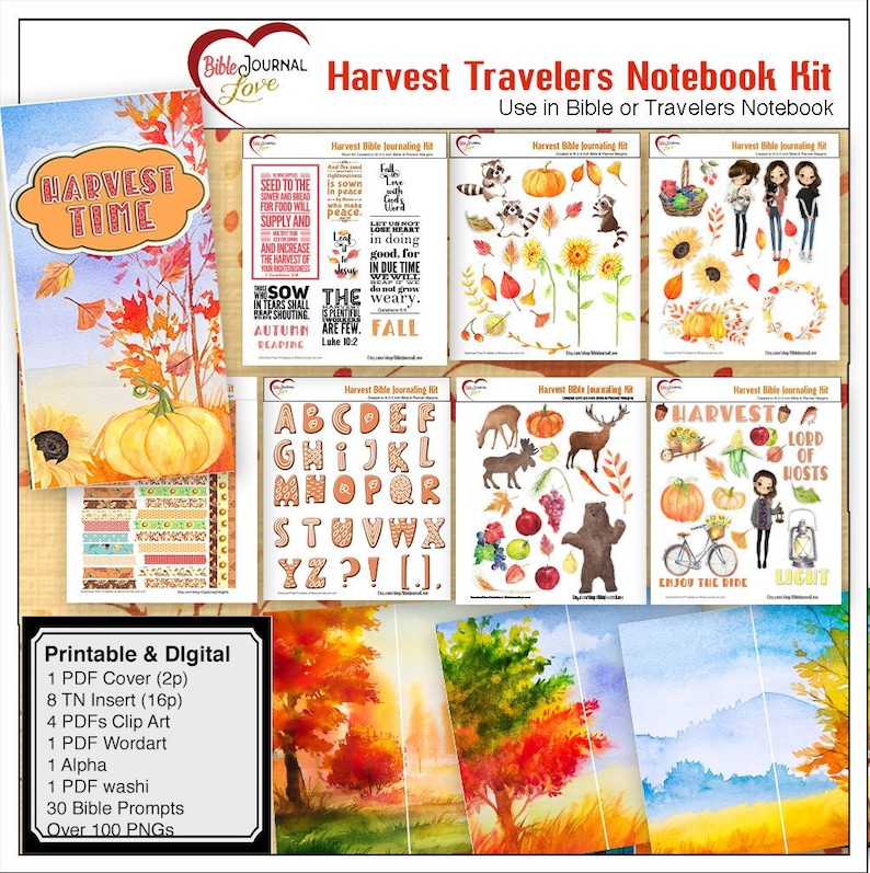 May include: A digital printable kit for Bible journaling with a harvest theme. The kit includes a cover, inserts, clip art, word art, an alphabet, washi tape, Bible prompts, and over 100 PNGs. The images feature pumpkins, sunflowers, fall leaves, and other harvest-themed elements.