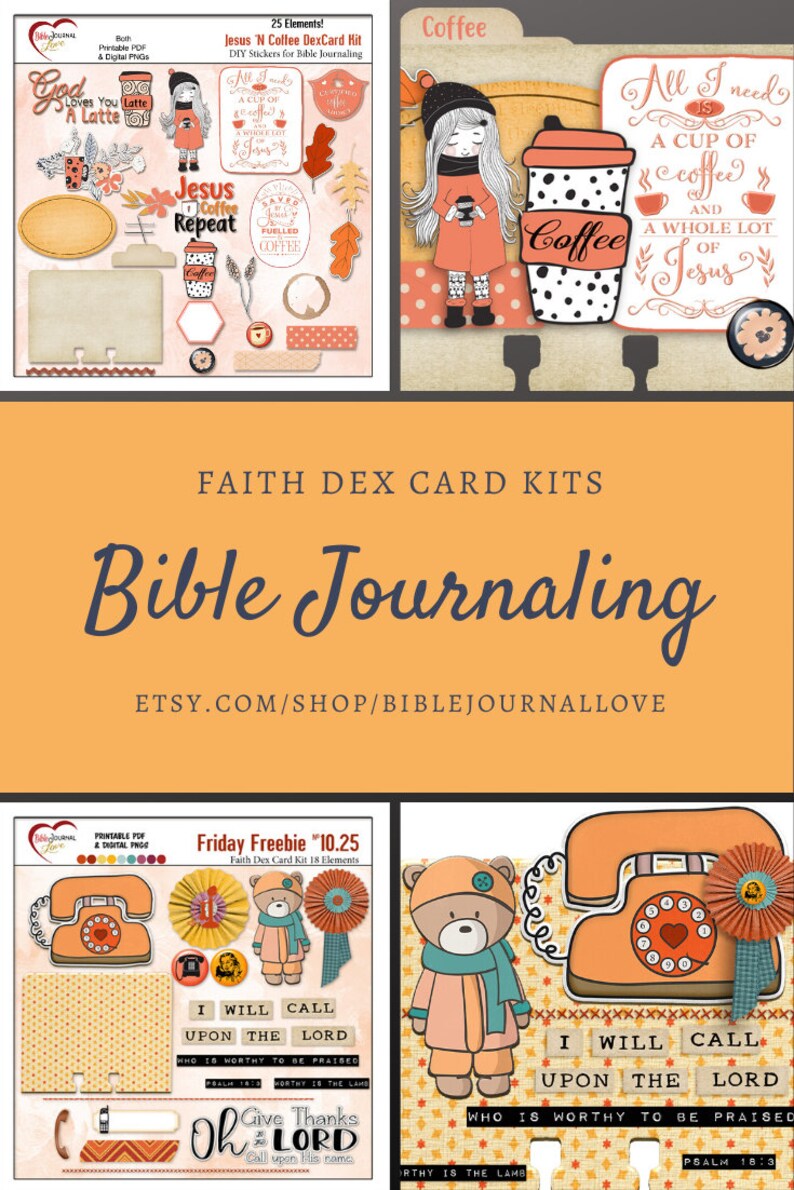 Puede incluir: Un kit digital imprimible para el diario de la Biblia con un tema oto&ntilde;al. El kit incluye pegatinas con im&aacute;genes de tazas de caf&eacute;, una ni&ntilde;a con una taza de caf&eacute;, un osito de peluche, un tel&eacute;fono y texto que dice "Jesus 'N Coffee DexCard Kit", "God Loves You A Latte", "Jesus Coffee Repeat", "All I need is a cup of coffee and a whole lot of Jesus", "I will call upon the Lord", "Who is worthy to be praised", "Oh Give Thanks to the Lord", y "Friday Freebie '10.25".