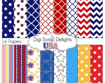 Red, White & Blue USA Digital Papers Instant Download, Card Making - Patriotic,  America,  July 4, Independence Day