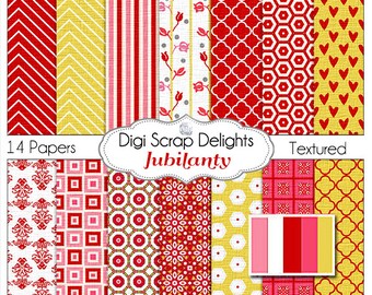 Valentine Digital Papers in Red, Pink, and Yellow Gold, Chevron, Quatrefoil, Damask, Hearts, Instant Download