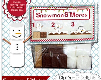 Snowman S’Mores Printable Bag Topper You Print PDF- Cadeaux pour les voisins, l’école du dimanche ou les faveurs de fête, téléchargement instantané