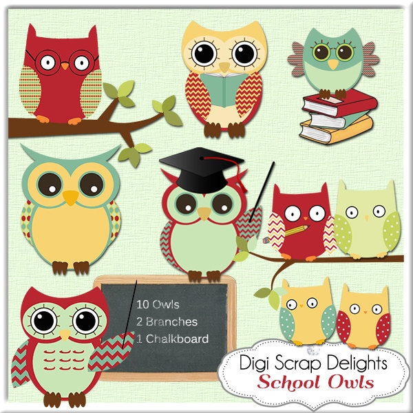 School Owls Clip Art,  Digital Element for  Scrapbooking, Card Making, Teacher Crafts, ClipArt, Phone Covers, Web Design