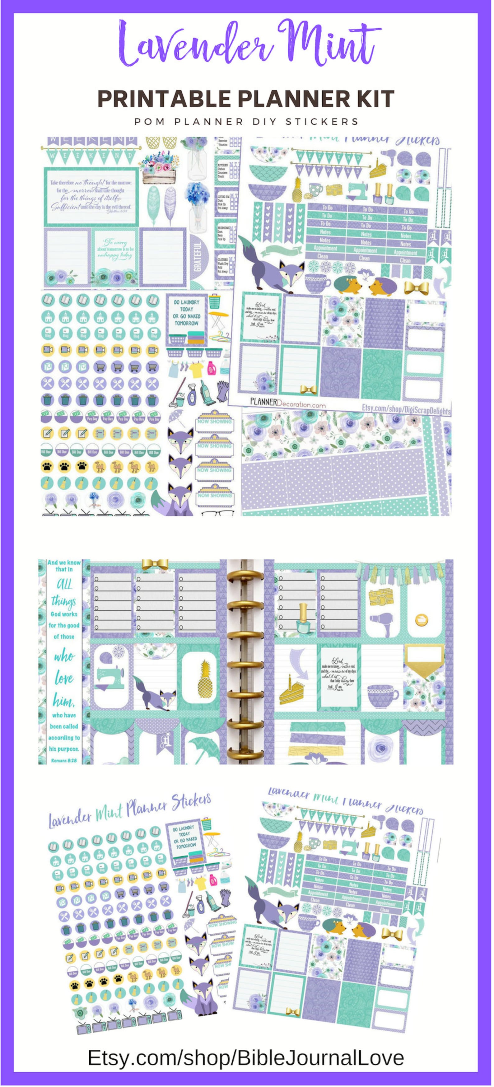 Planner Kit Lavender Mint Printable Planner Stickers Kit. EC &amp; Happy ...