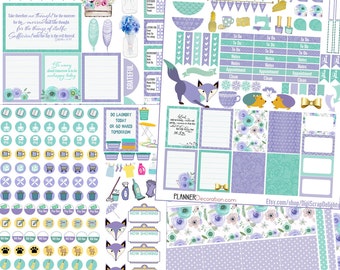 Planner Kit! Lavender Mint Printable Planner Stickers Kit.  EC & Happy Planner Purple and Green Foxes, Hedgehog Weekend banner