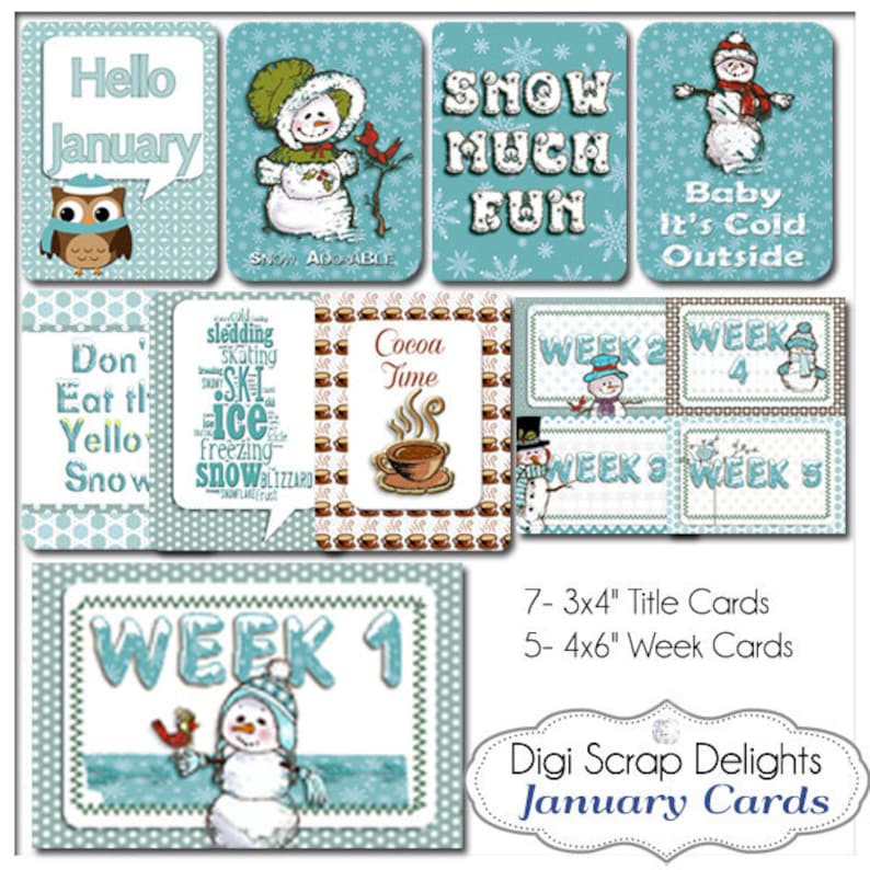 January Sky Blue Snowmen Pocket Cards 3x4 & 4x6 Week Cards Project Life Style Blue Green Printable Digital Scrapbooking image 1