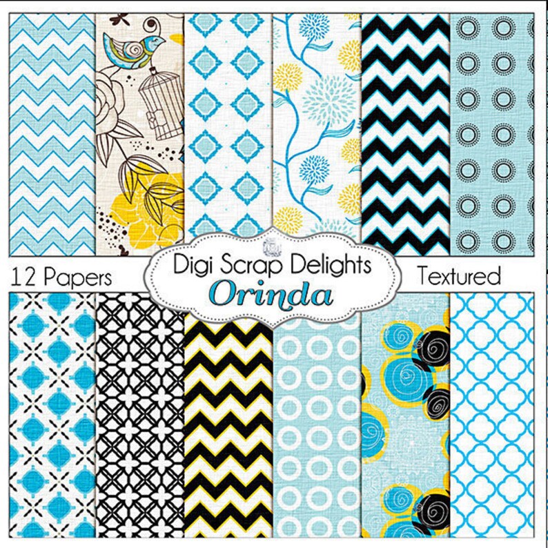 SALE 1.75 Digital Scrapbooking: Orinda Digital Scrapbook Paper in Blue & Yellow Gold Floral, Chevron, Quatrefoil, Instant Download image 1