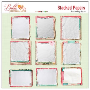 May include: Nine white paper squares with torn edges, stacked on top of each other, with a light green background. The paper squares are arranged in three rows of three. The top row has a pink heart on the middle square. The bottom row has a pink and blue patterned square on the right. The text "Stacked Papers" is in red at the top of the image, and the text "Journaling Spots" is in black below it.