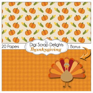 Thanksgiving Digital Papers w Turkey, Pilgrim, Pumpkin, for Digital Scrapbooking, Fall Cards, Crafts, Orange, Yellow, Teal Instant Download image 2