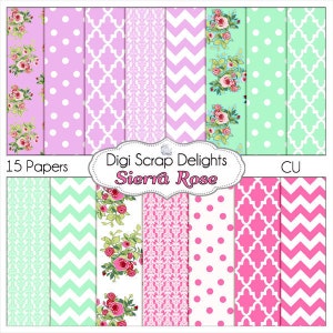 SALE 1.75 Shabby Chic Vintage Sierra Rose Digital Papers Cath Kidson style w Quatrefoil, Chevron, Damask, Mint Green, Lilac, Pink image 1