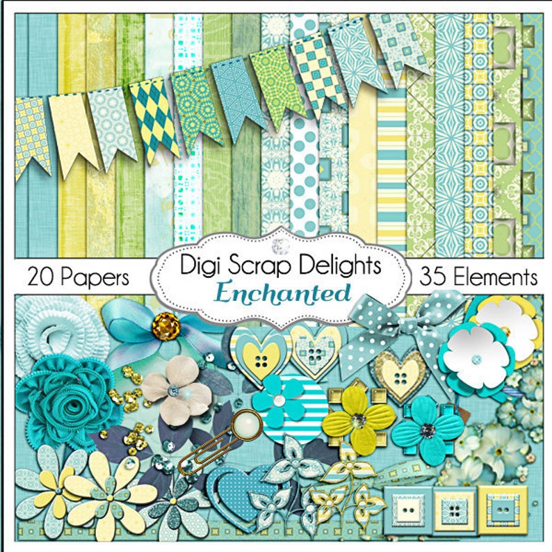 Digital Scrapbooking: Enchanted Digital Scrapbook Kit in Turquoise, Golds and Green, Instant Download image 1