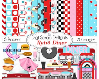 Retro 1950s Diner Clip Art: Red, Aqua, Turquoise (Digital Download)