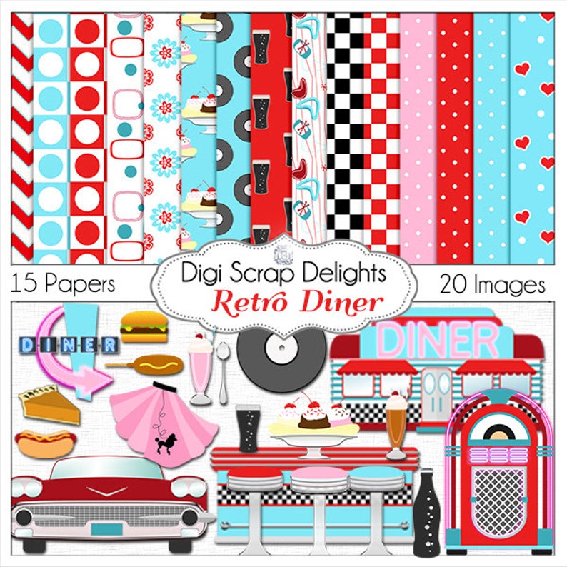 May include: Retro diner themed digital scrapbook paper and clipart set. Includes 15 papers with red, white, and blue patterns, and 20 images of diner food, furniture, and accessories.  The images include a red car, a jukebox, a diner sign, a milkshake, a hot dog, a pie, a burger, a poodle skirt, and a booth with stools.