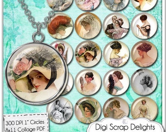 Digital Collage Sheet -Vintage Ladies Collage Sheet One Inch Circles Pendants, Magnets, & Scrapbook, Harrison Fisher Lady, Instant Download