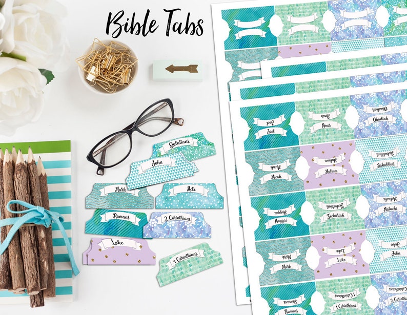 Printable Bible Tabs for Bible Journalling / 66 Books of the Bible / & Blank Tabs/ Blue, Green, Purple, Watercolor and Glitter image 2