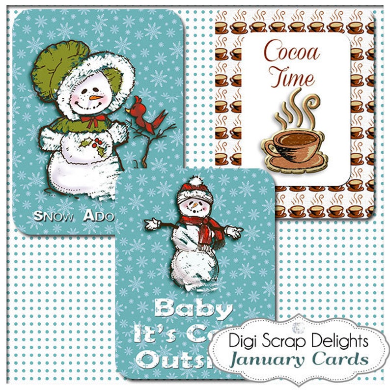 January Sky Blue Snowmen Pocket Cards 3x4 & 4x6 Week Cards Project Life Style Blue Green Printable Digital Scrapbooking image 5