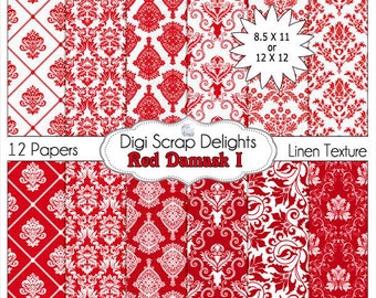 SALE 1.75 Red Damask Digital Papers for Photo Backdrops, Paper Crafts, and Digital Scrapbooking, Instant Download