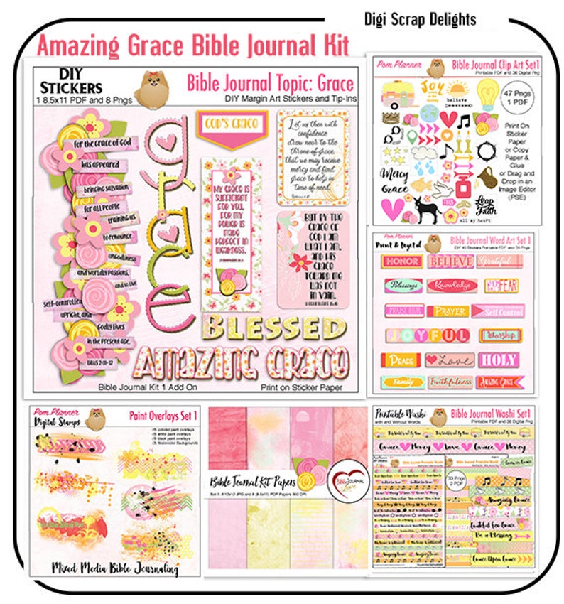 May include: A digital Bible journal kit titled Amazing Grace featuring printable stickers, word art, paint overlays, and patterned papers. The set includes floral elements, religious text, and decorative graphics in pink, yellow, and orange color palettes.