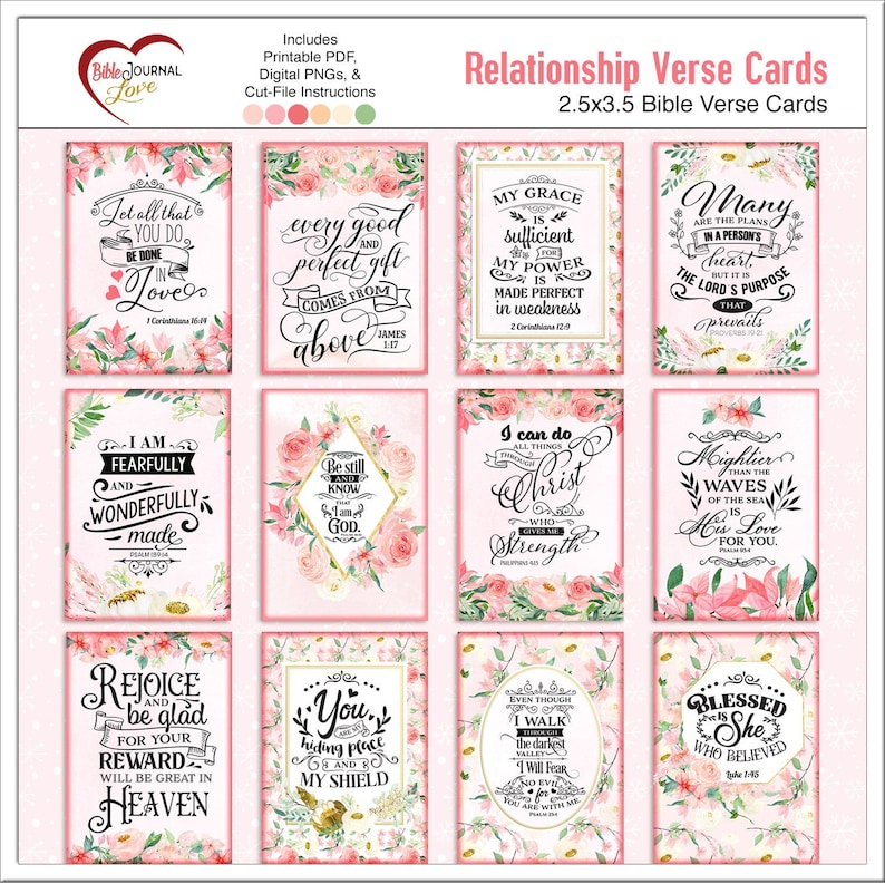 12 Bible Verse Watercolor Floral Cards for Bible Journaling, Tip-Ins, Junk Journals, Gifts, Includes: PDFs and Digital PNGs and Cut Files image 1