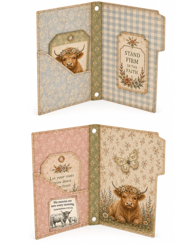 Two finished Highland Cow folders, blue and pink