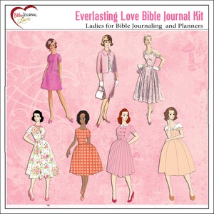 Everlasting Love Bible Journaling Kit Vintage Ladies, Mixed Media, Paint, Clusters, Travelers Notebook, Bible Verses in Pink Orange Peach image 3